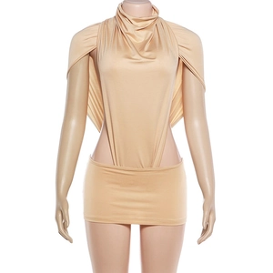 Detail of a nude backless bodycon dress featuring a high neck cape and side cutouts