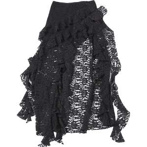 Detailed view of black floral lace mini skirt featuring layered ruffles and irregular hem