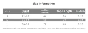 Size chart detail for mesh hollow slim fit top with bust and length measurements in cm
