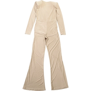 Detailed flat lay of champagne velvet jumpsuit with long sleeves and bell-bottom legs