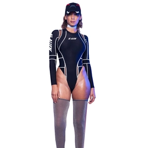 Sexye Damen Langarm-Bodysuit mit Mesh-Patchwork, weißem Paspelierung und Print-Design
