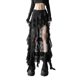 Gothic black tiered lace midi skirt with asymmetrical ruffles and floral patterns