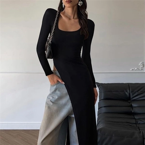 Detail view of black square neck long sleeve top with sexy high side slit design
