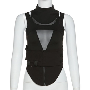 Detail of black tactical mesh crop top featuring a high collar and front zipper closure