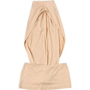 Close-up of beige cutout dress showing gathered fabric details and bodycon silhouette