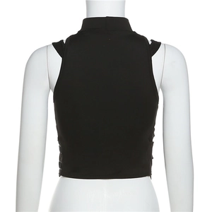 Back view of a black sleeveless turtleneck crop top with racerback design on a mannequin