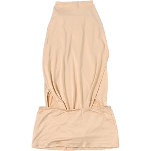 Detail of nude stretch fabric texture and seamless elastic hem on a bodycon dress