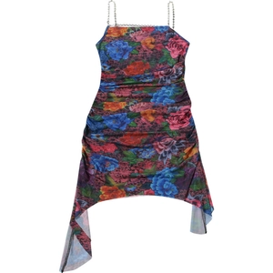 Detail of floral mini dress with rhinestone straps and ruching side textures
