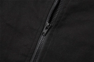 Close-up of matte black zipper and durable canvas texture on a slim-fit black top