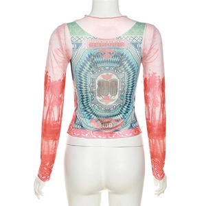 Detailansicht des transparenten Mesh-Oberteils mit Vintage-Geldscheindruck-Muster