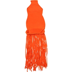 Detail of bright orange halter neck dress featuring long fringes and open back design