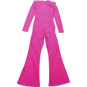 Detail view of the stitching and fuchsia stretch fabric on the flared jumpsuit