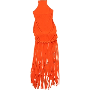 Detailed view of orange halter neck dress with fringe hem and braided waist detail