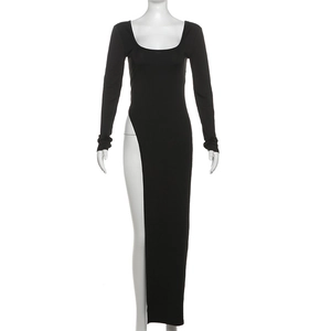 Detailed view of black long sleeve bodycon dress with daring high side slit design