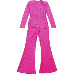 Detail of fuchsia long sleeve jumpsuit featuring V-neck wrap design and bell-bottom legs