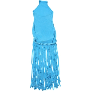 Detail of sky blue halter dress featuring a braided waist knot and long fringe tassels