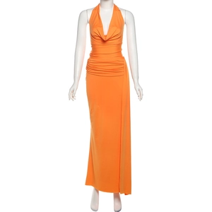 Macro shot of orange halter neck long dress with ruched waist and deep V-neck detail