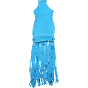 Detail of royal blue halter neck dress featuring woven rope waist and long fringe skirt
