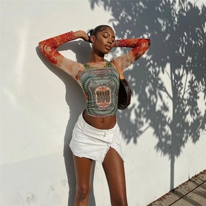 Damen Vintage Mesh Langarm Top Retro Banknotendruck Slim Fit Rundhals Streetwear Y2K Mesh T-Shirt Sexy Durchsichtiges Oberteil
