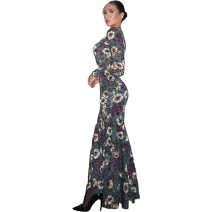 Dames maxi-jurk met bloemenprint, lange mouwen en slanke zeemeermin-stijl zoom