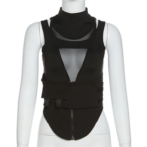 Women's black bodycon mesh top with high neck, zipper front, and cutout details