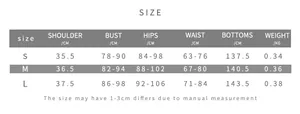 Detailed size chart for off-shoulder jumpsuits showing measurements in CM and weights in KG