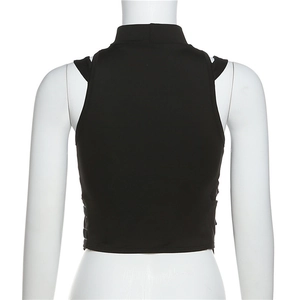 Back view of a chic black sleeveless slim-fit crop top on a white female mannequin