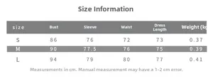 Größentabelle für rückenfreies Minikleid mit Maßen für Brust, Ärmel, Taille und Länge