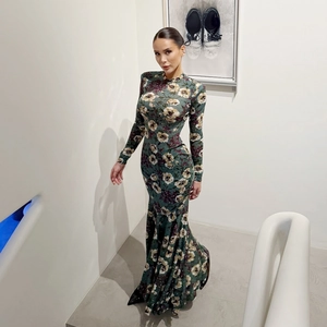 Dames Vintage Bloemenprint Zeemeermin Maxi Jurk Lange Mouw Slim Fit Hoge Taille Elegante Banket Feest Bodycon Jurk