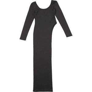 Detailed view of the black slim-fit dress featuring a unique side waist cutout design