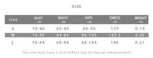 Detailed size guide table for hollow out high waist slim maxi dress showing S, M, L dimensions