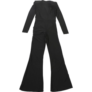 Detail of black V-neck long sleeve jumpsuit with slim fit and elegant wide leg design