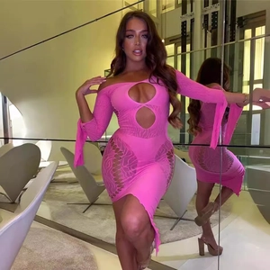 Robe Mini Sexy Femme Col Bateau Ajouré Manches Longues Polyester Élasthanne Coupe Slim Moulante Clubwear Robe de Fête