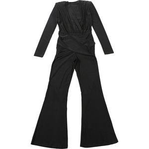 Detail of cross-wrap V-neckline and ruched waist on black long sleeve flare jumpsuit