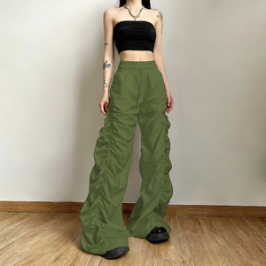 Women's army green high waist cargo trousers with side ruching and drawstring waist
