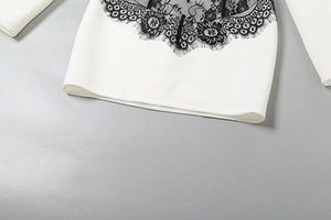Détail de la dentelle contrastée et du tissu en maille blanche sur la robe courte moulante