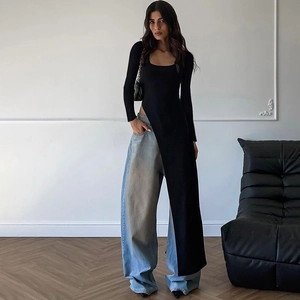 Women Fashion Street Style Long Sleeve High Slit Slim Fit T-Shirt Solid Color Asymmetrical Hem Long Top Casual Maxi Tee