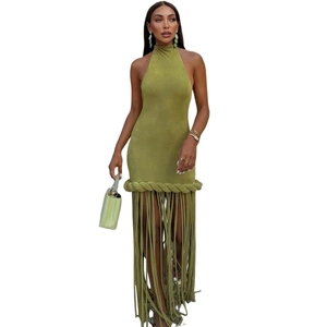 Olive green halter neck bodycon dress featuring long fringe and woven details