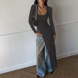 Slim fit black long sleeve scoop neck tee with extreme side slit and asymmetric hem