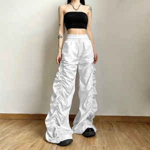 Women's high waist white wide leg trousers with ruched side drawstring and Y2K street style