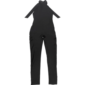 Detail of black halter neck jumpsuit featuring wide tie straps and stretchy slim fit fabric