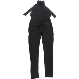 Back view of backless halter jumpsuit with flattering ruched detail on the waist and hips