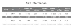 Detailed size chart for sexy striped three-piece bikini set including bust and waist measurements