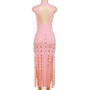Detail of pink lace maxi dress featuring backless cutout and scalloped lace trim details