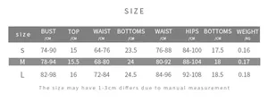 Size chart for three-piece striped bikini set with S, M, L measurements and weight details