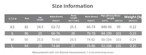 Detailed size chart for the three-piece top and skirt set with measurements in centimeters