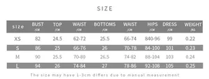 Detailed size chart for sexy three-piece set showing bust, waist, and hips measurements