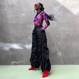 Women High Waisted Ruched Wide Leg Cargo Pants Fashion Streetwear Drawstring Stacked Solid Color Summer Casual Trousers