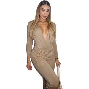 Sexy khaki deep V-neck long sleeve jumpsuit with waist ruching and wide leg cut