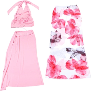 Detailed flat lay of pink backless halter top and floral print maxi skirt 3-piece set